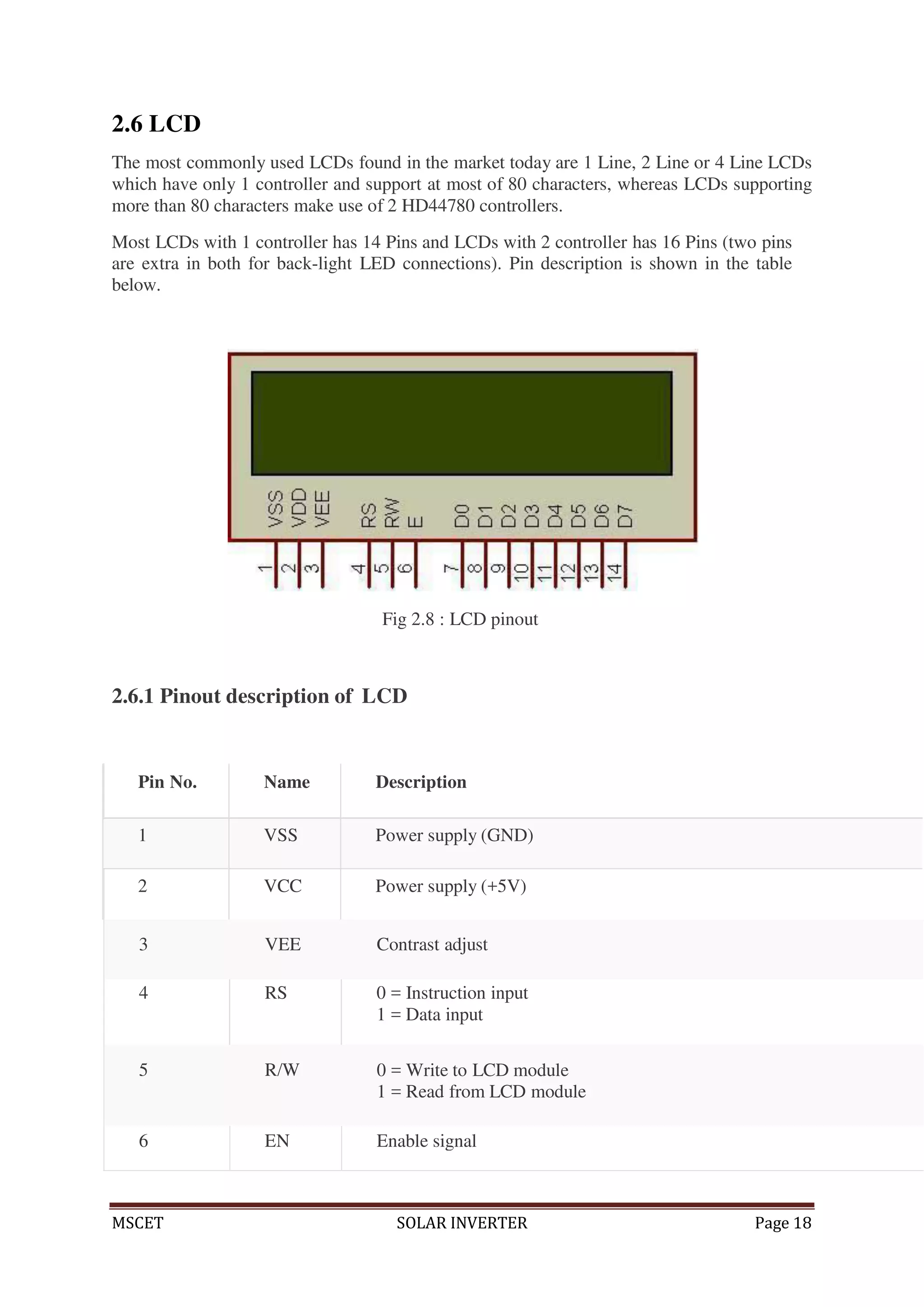 MSCET SOLAR INVERTER Page 18
6 EN Enable signal
2.6 LCD
The most commonly used LCDs found in the market today are 1 Line, 2 Line or 4 Line LCDs
which have only 1 controller and support at most of 80 characters, whereas LCDs supporting
more than 80 characters make use of 2 HD44780 controllers.
Most LCDs with 1 controller has 14 Pins and LCDs with 2 controller has 16 Pins (two pins
are extra in both for back-light LED connections). Pin description is shown in the table
below.
Fig 2.8 : LCD pinout
2.6.1 Pinout description of LCD
3 VEE Contrast adjust
4 RS 0 = Instruction input
1 = Data input
5 R/W 0 = Write to LCD module
1 = Read from LCD module
Pin No. Name Description
1 VSS Power supply (GND)
2 VCC Power supply (+5V)
 