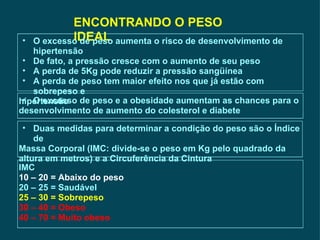 ENCONTRANDO O PESO IDEAL O excesso de peso aumenta o risco de desenvolvimento de hipertensão De fato, a pressão cresce com o aumento de seu peso A perda de 5Kg pode reduzir a pressão sangüínea A perda de peso tem maior efeito nos que já estão com sobrepeso e  hipertensão O excesso de peso e a obesidade aumentam as chances para o  desenvolvimento de aumento do colesterol e diabete Duas medidas para determinar a condição do peso são o Índice de  Massa Corporal (IMC: divide-se o peso em Kg pelo quadrado da altura em metros) e a Circuferência da Cintura IMC 10 – 20 = Abaixo do peso 20 – 25 = Saudável 25 – 30 = Sobrepeso 30 – 40 = Obeso 40 – 70 = Muito obeso 