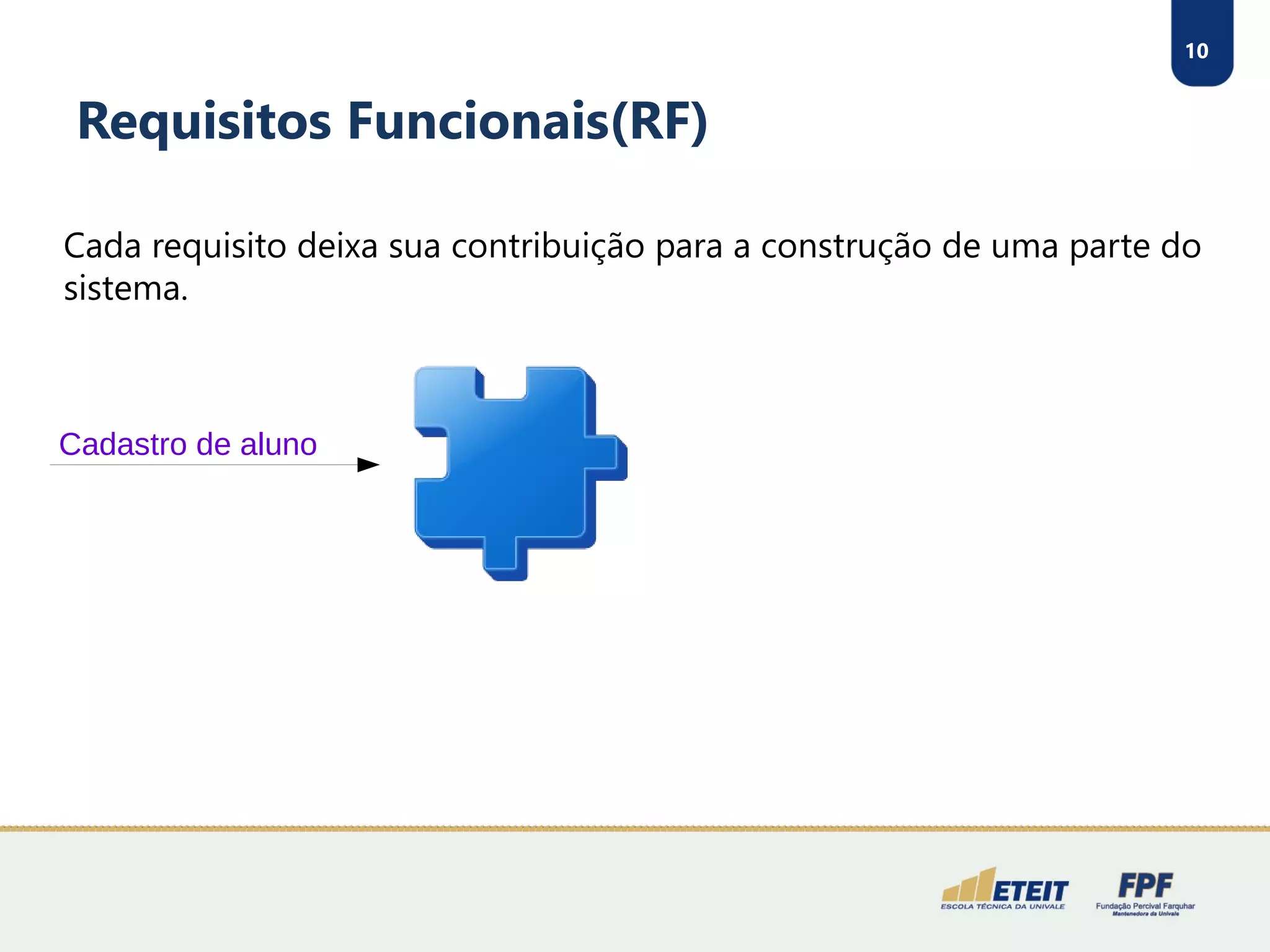 10
Requisitos Funcionais(RF)
Cada requisito deixa sua contribuição para a construção de uma parte do
sistema.
Cadastro de aluno
 