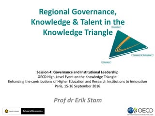 Regional Governance,
Knowledge & Talent in the
Knowledge Triangle
Prof dr Erik Stam
Session 4: Governance and Institutional Leadership
OECD High-Level Event on the Knowledge Triangle:
Enhancing the contributions of Higher Education and Research Institutions to Innovation
Paris, 15-16 September 2016
 