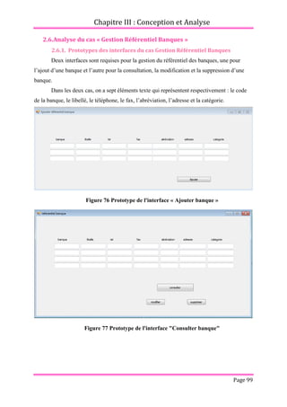 Chapitre III : Conception et Analyse
Page 99
2.6.Analyse du cas « Gestion Référentiel Banques »
2.6.1. Prototypes des interfaces du cas Gestion Référentiel Banques
Deux interfaces sont requises pour la gestion du référentiel des banques, une pour
l’ajout d’une banque et l’autre pour la consultation, la modification et la suppression d’une
banque.
Dans les deux cas, on a sept éléments texte qui représentent respectivement : le code
de la banque, le libellé, le téléphone, le fax, l’abréviation, l’adresse et la catégorie.
Figure 76 Prototype de l'interface « Ajouter banque »
Figure 77 Prototype de l'interface "Consulter banque"
 