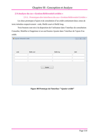 Chapitre III : Conception et Analyse
Page 110
2.9.Analyse du cas « Gestion Référentiel crédits »
2.9.1. Prototypes des interfaces du cas « Gestion Référentiel Crédits »
Les deux prototypes d’ajout et de consultation d’un crédit contiennent deux zones de
texte intitulées respectivement : code, libellé court et libellé long.
Trois boutons sont mis à la disposition de l’utilisateur dans l’interface de consultation:
Consulter, Modifier et Supprimer et un seul bouton Ajouter dans l’interface de l’ajout d’un
crédit.
Figure 88 Prototype de l'interface "Ajouter crédit"
 
