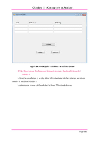 Chapitre III : Conception et Analyse
Page 111
Figure 89 Prototype de l'interface "Consulter crédit"
2.9.2. Diagramme de classe participante du cas « Gestion Référentiel
crédits »
L’ajout, la consultation et la mise à jour nécessitent une interface chacun, une classe
contrôle et une entité «Crédit ».
Le diagramme obtenu est illustré dans la figure 90 jointe ci-dessous
 