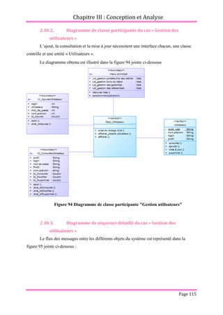 Chapitre III : Conception et Analyse
Page 115
2.10.2. Diagramme de classe participante du cas « Gestion des
utilisateurs »
L’ajout, la consultation et la mise à jour nécessitent une interface chacun, une classe
contrôle et une entité « Utilisateurs ».
Le diagramme obtenu est illustré dans la figure 94 jointe ci-dessous
Figure 94 Diagramme de classe participante "Gestion utilisateurs"
2.10.3. Diagramme de séquence détaillé du cas « Gestion des
utilisateurs »
Le flux des messages entre les différents objets du système est représenté dans la
figure 95 jointe ci-dessous :
 