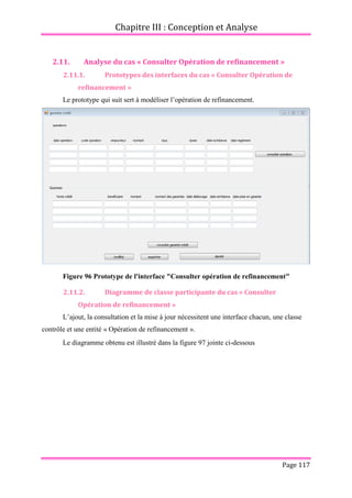 Chapitre III : Conception et Analyse
Page 117
2.11. Analyse du cas « Consulter Opération de refinancement »
2.11.1. Prototypes des interfaces du cas « Consulter Opération de
refinancement »
Le prototype qui suit sert à modéliser l’opération de refinancement.
Figure 96 Prototype de l'interface "Consulter opération de refinancement"
2.11.2. Diagramme de classe participante du cas « Consulter
Opération de refinancement »
L’ajout, la consultation et la mise à jour nécessitent une interface chacun, une classe
contrôle et une entité « Opération de refinancement ».
Le diagramme obtenu est illustré dans la figure 97 jointe ci-dessous
 