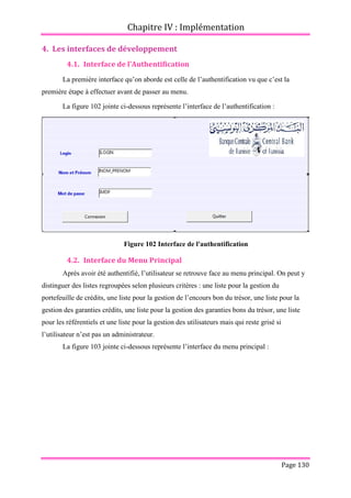 Chapitre IV : Implémentation
Page 130
4. Les interfaces de développement
4.1. Interface de l’Authentification
La première interface qu’on aborde est celle de l’authentification vu que c’est la
première étape à effectuer avant de passer au menu.
La figure 102 jointe ci-dessous représente l’interface de l’authentification :
Figure 102 Interface de l'authentification
4.2. Interface du Menu Principal
Après avoir été authentifié, l’utilisateur se retrouve face au menu principal. On peut y
distinguer des listes regroupées selon plusieurs critères : une liste pour la gestion du
portefeuille de crédits, une liste pour la gestion de l’encours bon du trésor, une liste pour la
gestion des garanties crédits, une liste pour la gestion des garanties bons du trésor, une liste
pour les référentiels et une liste pour la gestion des utilisateurs mais qui reste grisé si
l’utilisateur n’est pas un administrateur.
La figure 103 jointe ci-dessous représente l’interface du menu principal :
 