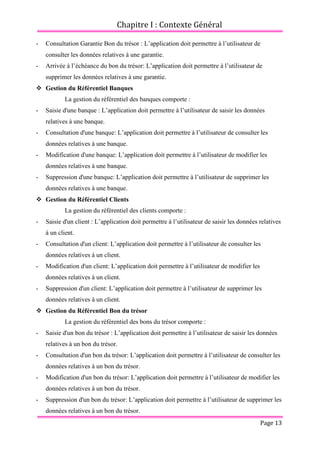 Chapitre I : Contexte Général
Page 13
- Consultation Garantie Bon du trésor : L’application doit permettre à l’utilisateur de
consulter les données relatives à une garantie.
- Arrivée à l’échéance du bon du trésor: L’application doit permettre à l’utilisateur de
supprimer les données relatives à une garantie.
 Gestion du Référentiel Banques
La gestion du référentiel des banques comporte :
- Saisie d'une banque : L’application doit permettre à l’utilisateur de saisir les données
relatives à une banque.
- Consultation d'une banque: L’application doit permettre à l’utilisateur de consulter les
données relatives à une banque.
- Modification d'une banque: L’application doit permettre à l’utilisateur de modifier les
données relatives à une banque.
- Suppression d'une banque: L’application doit permettre à l’utilisateur de supprimer les
données relatives à une banque.
 Gestion du Référentiel Clients
La gestion du référentiel des clients comporte :
- Saisie d'un client : L’application doit permettre à l’utilisateur de saisir les données relatives
à un client.
- Consultation d'un client: L’application doit permettre à l’utilisateur de consulter les
données relatives à un client.
- Modification d'un client: L’application doit permettre à l’utilisateur de modifier les
données relatives à un client.
- Suppression d'un client: L’application doit permettre à l’utilisateur de supprimer les
données relatives à un client.
 Gestion du Référentiel Bon du trésor
La gestion du référentiel des bons du trésor comporte :
- Saisie d'un bon du trésor : L’application doit permettre à l’utilisateur de saisir les données
relatives à un bon du trésor.
- Consultation d'un bon du trésor: L’application doit permettre à l’utilisateur de consulter les
données relatives à un bon du trésor.
- Modification d'un bon du trésor: L’application doit permettre à l’utilisateur de modifier les
données relatives à un bon du trésor.
- Suppression d'un bon du trésor: L’application doit permettre à l’utilisateur de supprimer les
données relatives à un bon du trésor.
 