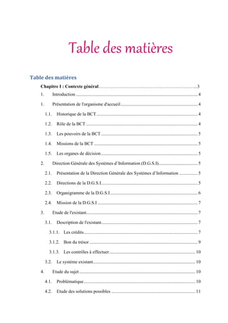 Table des matières
Table des matières
Chapitre I : Contexte général………………………………………………………..3
1. Introduction .......................................................................................................... 4
1. Présentation de l'organisme d'accueil................................................................... 4
1.1. Historique de la BCT........................................................................................ 4
1.2. Rôle de la BCT ................................................................................................. 4
1.3. Les pouvoirs de la BCT.................................................................................... 5
1.4. Missions de la BCT .......................................................................................... 5
1.5. Les organes de décision.................................................................................... 5
2. Direction Générale des Systèmes d’Information (D.G.S.I).................................. 5
2.1. Présentation de la Direction Générale des Systèmes d’Information ................ 5
2.2. Directions de la D.G.S.I.................................................................................... 5
2.3. Organigramme de la D.G.S.I............................................................................ 6
2.4. Mission de la D.G.S.I ....................................................................................... 7
3. Etude de l'existant................................................................................................. 7
3.1. Description de l'existant.................................................................................... 7
3.1.1. Les crédits................................................................................................... 7
3.1.2. Bon du trésor .............................................................................................. 9
3.1.3. Les contrôles à effectuer........................................................................... 10
3.2. Le système existant......................................................................................... 10
4. Etude du sujet..................................................................................................... 10
4.1. Problématique................................................................................................. 10
4.2. Etude des solutions possibles ......................................................................... 11
 