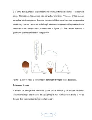 13
Si la forma de la cuenca es aproximadamente circular, entonces el valor de Ff se acercará
a uno. Mientras que, las cuencas más alargadas, tendrán un Ff menor. En las cuencas
alargadas, las descargas son de menor volumen debido a que el cauce de agua principal
es más largo que los cauces secundarios y los tiempos de concentración para eventos de
precipitación son distintos, como se muestra en la Figura 1-3. Este caso es inverso a lo
que ocurre con el coeficiente de compacidad.
Figura 1-3. Influencia de la configuración de la red hidrológica en las descargas.
Sistema de drenaje
El sistema de drenaje está constituido por un cauce principal y sus cauces tributarios.
Mientras más largo sea el cauce de agua principal, más ramificaciones tendrá la red de
drenaje. Los parámetros más representativos son:
 