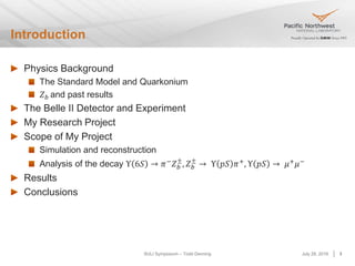 SULI Symposium – Todd Denning
Introduction
July 28, 2016 3
Physics Background
The Standard Model and Quarkonium
𝑍 𝑏 and past results
The Belle II Detector and Experiment
My Research Project
Scope of My Project
Simulation and reconstruction
Analysis of the decay Υ 6𝑆 → 𝜋−
𝑍 𝑏
±
, 𝑍 𝑏
±
→ Υ 𝑝𝑆 𝜋+
, Υ 𝑝𝑆 → 𝜇+
𝜇−
Results
Conclusions
 
