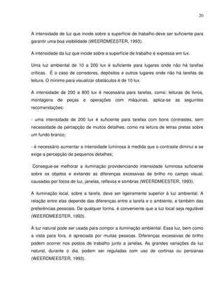 20



A intensidade de luz que incide sobre a superfície de trabalho deve ser suficiente para
garantir uma boa visibilidade (WEERDMEESTER, 1993).

A intensidade da luz que incide sobre a superfície de trabalho é expressa em lux.

Uma luz ambiental de 10 a 200 lux é suficiente para lugares onde não há tarefas
críticas. É o caso de corredores, depósitos e outros lugares onde não há tarefas de
leitura. O mínimo para visualizar obstáculos é de 10 lux.

A intensidade de 200 a 800 lux é necessária para tarefas, como: leituras de livros,
montagens    de    peças   e   operações   com    máquinas,   aplica-se   as   seguintes
recomendações:

- uma intensidade de 200 lux é suficiente para tarefas com bons contrastes, sem
necessidade de percepção de muitos detalhes, como na leitura de letras pretas sobre
um fundo branco;

- é necessário aumentar a intensidade luminosa à medida que o contraste diminui e se
exige a percepção de pequenos detalhes;

Consegue-se melhorar a iluminação providenciando intensidade luminosa suficiente
sobre os objetos e evitando as diferenças excessivas de brilho no campo visual,
causadas por focos de luz, janelas, reflexos e sombras (WEERDMEESTER, 1993).

A iluminação local, sobre a tarefa, deve ser ligeiramente superior à luz ambiental. A
relação entre elas depende das diferenças entre a tarefa e o ambiente, e também das
preferências pessoais. De qualquer forma, é conveniente que a luz local seja regulável
(WEERDMEESTER, 1993).

A luz natural pode ser usada para compor a iluminação ambiental. Essa luz, bem como
a vista para fora, é apreciada por muitas pessoas. Diferenças excessivas de brilho
podem ocorrer nos postos de trabalho junto a janelas. As grandes variações da luz
natural, durante o dia, podem ser reguladas com uso de cortinas ou persianas
(WEERDMEESTER, 1993).
 