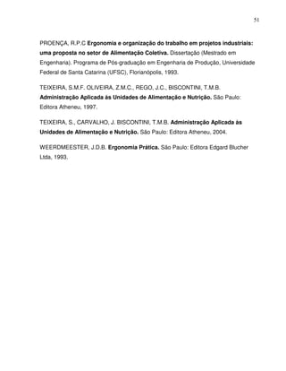 51



PROENÇA, R.P.C Ergonomia e organização do trabalho em projetos industriais:
uma proposta no setor de Alimentação Coletiva. Dissertação (Mestrado em
Engenharia). Programa de Pós-graduação em Engenharia de Produção, Universidade
Federal de Santa Catarina (UFSC), Florianópolis, 1993.

TEIXEIRA, S.M.F. OLIVEIRA, Z.M.C., REGO, J.C., BISCONTINI, T.M.B.
Administração Aplicada às Unidades de Alimentação e Nutrição. São Paulo:
Editora Atheneu, 1997.

TEIXEIRA, S., CARVALHO, J. BISCONTINI, T.M.B. Administração Aplicada às
Unidades de Alimentação e Nutrição. São Paulo: Editora Atheneu, 2004.

WEERDMEESTER, J.D.B. Ergonomia Prática. São Paulo: Editora Edgard Blucher
Ltda, 1993.
 