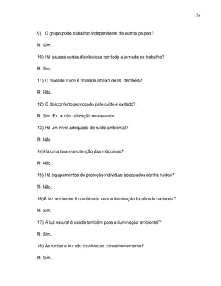 54



9) O grupo pode trabalhar independente de outros grupos?

R: Sim.

10) Há pausas curtas distribuídas por toda a jornada de trabalho?

R: Sim.

11) O nível de ruído é mantido abaixo de 80 decibéis?

R: Não.

12) O desconforto provocado pelo ruído é evitado?

R: Sim. Ex. a não utilização do exaustor.

13) Há um nível adequado de ruído ambiental?

R: Não

14) Há uma boa manutenção das máquinas?

R: Não.

15) Há equipamentos de proteção individual adequados contra ruídos?

R: Não.

16) A luz ambiental é combinada com a iluminação localizada na tarefa?

R: Sim.

17) A luz natural é usada também para a iluminação ambiental?

R: Sim.

18) As fontes e luz são localizadas convenientemente?

R: Sim.
 