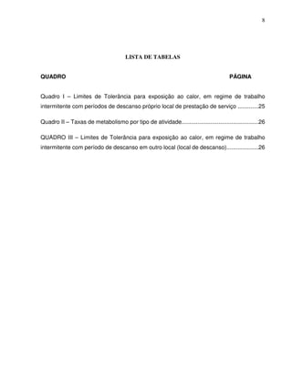 8




                                       LISTA DE TABELAS


QUADRO                                                                                 PÁGINA


Quadro I – Limites de Tolerância para exposição ao calor, em regime de trabalho
intermitente com períodos de descanso próprio local de prestação de serviço .............25

Quadro II – Taxas de metabolismo por tipo de atividade................................................26

QUADRO III – Limites de Tolerância para exposição ao calor, em regime de trabalho
intermitente com período de descanso em outro local (local de descanso)....................26
 