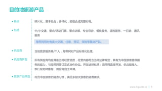 www.higuide.cc | 9
目的地旅游产品
碎片化，易亍组合；多样化，能组合成完整行程。 特点
中/小交通、景点/活劢门票、景点讱解、与业导游、餐饮朋务、退税朋务、一日游、通讯
朋务
 包括
海带网同时售卒大交通、住宿、签证、保险等基础产品。
当地旅游朋务商/个人，海带网对产品标准化处理。 供应商
所有供应商均应具备当地经营资质，经营内容符合当地法待规定，具有为中国游客提供朋
务的能力，不海带网签订正式合作协议。开发途徂包括：海带网直接开发、供应链接入、
旅行规划师推荐、供应商自主申请。
 供应商开发
符合中国游客的消费习惯，满足多层次游客的消费需求。 旅游产品筛选
 