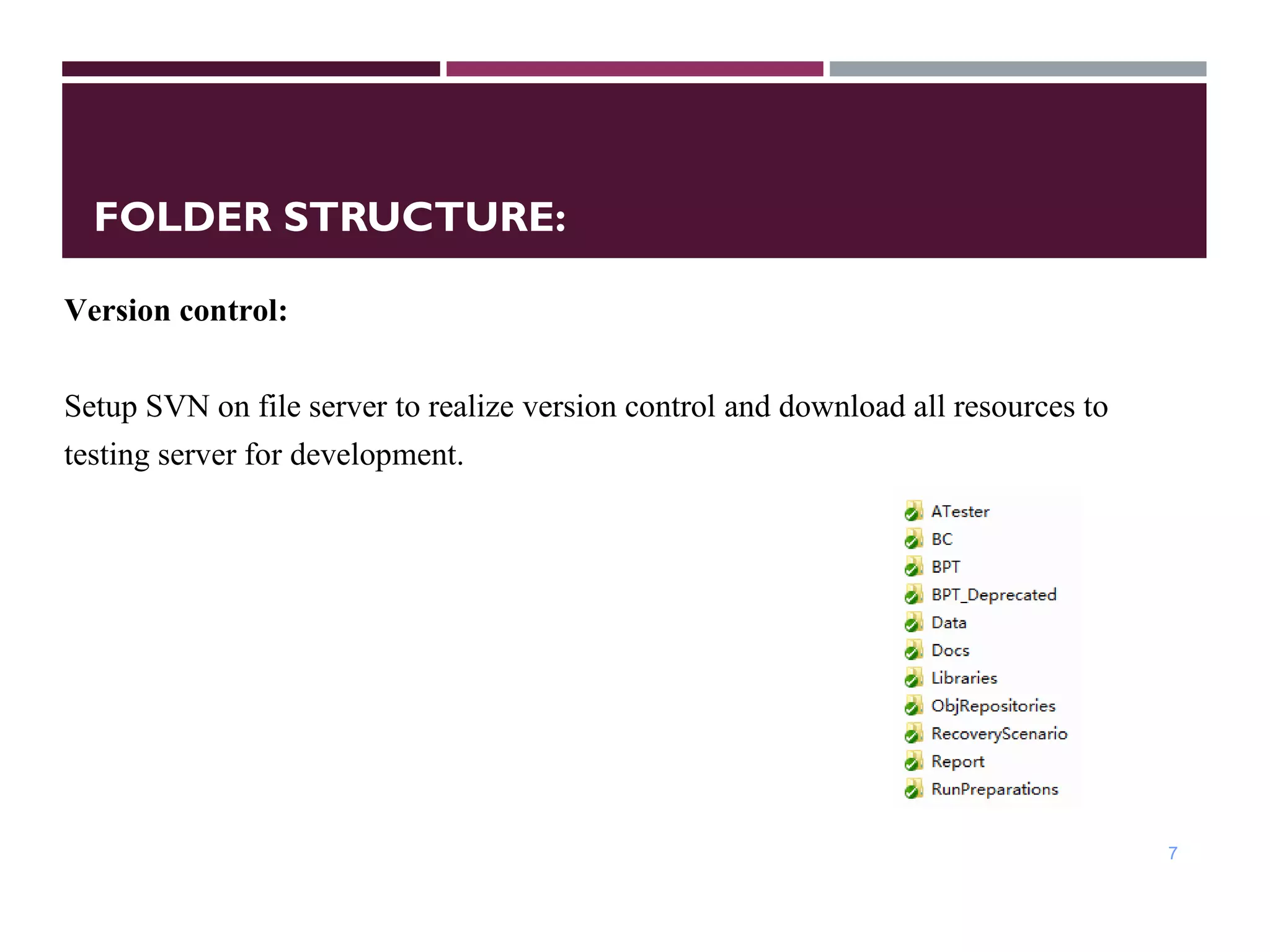 FOLDER STRUCTURE:
7
Version control:
Setup SVN on file server to realize version control and download all resources to
testing server for development.
 