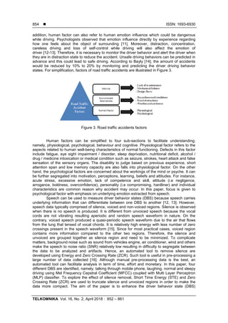  ISSN: 1693-6930
TELKOMNIKA Vol. 16, No. 2, April 2018 : 852 – 861
854
addition, human factor can also refer to human emotion influence which could be dangerous
while driving. Psychologists observed that emotion influence directly by experience regarding
how one feels about the object of surrounding [11]. Moreover, distraction, concentration,
careless driving and loss of self-control while driving will also affect the emotion of
driver [12-13]. Therefore, it is necessary to monitor the driver behavior and alert the driver when
they are in distraction state to reduce the accident. Unsafe driving behaviors can be predicted in
advance and this could lead to safe driving. According to Bayly [14], the amount of accidents
would be reduced by 10% to 20% by monitoring and predicting the driver driving behavior
states. For simplification, factors of road traffic accidents are illustrated in Figure 3.
Figure 3. Road traffic accidents factors
Human factors can be simplified to four sub-sections to facilitate understanding;
namely, physiological, psychological, behaviour and cognitive. Physiological factor refers to the
aspects related to human well-being characteristics of normal functioning. Defects in this factor
include fatigue, eye sight impairment / disorder, sleep deprivation, nutritional deficit, alcohol /
drug / medicine intoxication or medical condition such as seizure, strokes, heart attack and false
sensation of the sensory organs. The disability to judge based on previous experience, short
attention span and low memory capacity are also falls into physiological factor. On the other
hand, the psychological factors are concerned about the workings of the mind or psyche. It can
be further segregated into motivation, perceptions, learning, beliefs and attitudes. For instance,
acute stress, excessive emotion, lack of competence and skill, attitude (i.e negligence,
arrogance, boldness, overconfidence), personality (i.e compromising, hardliner) and individual
characteristics are common reason why accident may occur. In this paper, focus is given to
psychological factor with emphasis on underlying emotion extracted from speech.
Speech can be used to measure driver behavior states (DBS) because speech carries
underlying information that can differentiate between one DBS to another [12, 13]. However,
speech data typically comprised of silence, voiced and non-voiced regions. Silence is observed
when there is no speech is produced. It is different from unvoiced speech because the vocal
cords are not vibrating resulting aperiodic and random speech waveform in nature. On the
contrary, voiced speech produced a quasi-periodic speech waveform due to the air that flows
from the lung that tensed of vocal chords. It is relatively high energy with less number of zero
crossings present in the speech waveform [15]. Since for most practical cases, voiced region
contains more information compared to the other two regions. Therefore, the silence and
unvoiced are grouped together as silence region and need to be minimized. To complicate
matters, background noise such as sound from vehicles engine, air conditioner, wind and others
make the speech to noise ratio (SNR) relatively low resulting in difficulty to segregate between
the data to be analyzed and artifacts. Hence, an automated tool to remove silence are
developed using Energy and Zero Crossing Rate (ZCR). Such tool is useful in pre-processing a
large number of data collected [16]. Although manual pre-processing data is the best, an
automated tool can facilitate analysis in term of time, effort and monetary. In this paper, four
different DBS are identified, namely; talking through mobile phone, laughing, normal and sleepy
driving using Mel Frequency Cepstral Coefficient (MFCC) coupled with Multi Layer Perceptron
(MLP) classifier. To explore the effect of silence removal, Short Time Energy (STE) and Zero
Crossing Rate (ZCR) are used to truncate silence and unvoiced regions in order to make the
data more compact. The aim of the paper is to enhance the driver behavior state (DBS)
 