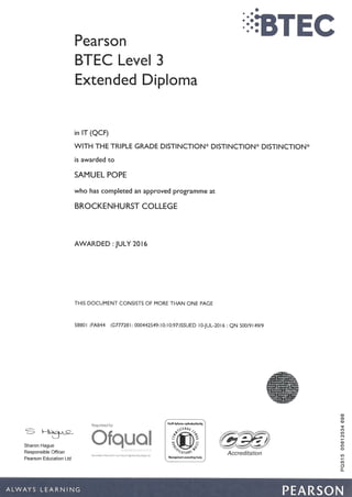 BTEC Level 3 Extended Diploma in IT certification