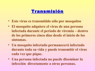 Transmisión
• Este virus es transmitido sólo por mosquitos
• El mosquito adquiere el virus de una persona
infectada durante el periodo de viremia – dentro
de los primeros cinco días desde el inicio de los
síntomas.
• Un mosquito infectado permanecerá infectado
durante toda su vida y puede transmitir el virus
cada vez que pique.
• Una persona infectada no puede diseminar la
infección directamente a otras personas.
 