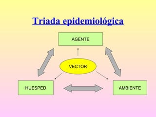 Triada epidemiológica
AGENTE
HUESPED AMBIENTE
VECTOR
 