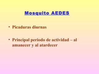 Mosquito AEDES
• Picaduras diurnas
• Principal periodo de actividad – al
amanecer y al atardecer
 
