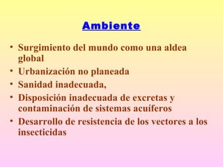 Ambiente
• Surgimiento del mundo como una aldea
global
• Urbanización no planeada
• Sanidad inadecuada,
• Disposición inadecuada de excretas y
contaminación de sistemas acuíferos
• Desarrollo de resistencia de los vectores a los
insecticidas
 