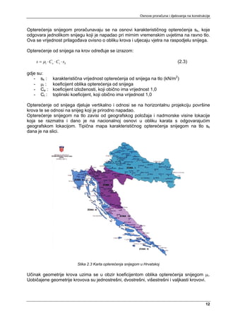 Osnove proračuna i djelovanja na konstrukcije



Opterećenja snijegom proračunavaju se na osnovi karakterističnog opterećenja sk, koje
odgovara jednolikom snijegu koji je napadao pri mirnim vremenskim uvjetima na ravno tlo.
Ova se vrijednost prilagođava ovisno o obliku krova i utjecaju vjetra na raspodjelu snijega.

Opterećenje od snijega na krov određuje se izrazom:

    s = μi ⋅ C e ⋅ Ct ⋅ s k                                                               (2.3)

gdje su:
   - sk :       karakteristična vrijednost opterećenja od snijega na tlo (kN/m2)
   - μi :       koeficijent oblika opterećenja od snijega
   - Ce :       koeficijent izloženosti, koji obično ima vrijednost 1,0
   - Ct :       toplinski koeficijent, koji obično ima vrijednost 1,0

Opterećenje od snijega djeluje vertikalno i odnosi se na horizontalnu projekciju površine
krova te se odnosi na snijeg koji je prirodno napadao.
Opterećenje snijegom na tlo zavisi od geografskog položaja i nadmorske visine lokacije
koja se razmatra i dano je na nacionalnoj osnovi u obliku karata s odgovarajućim
geografskom lokacijom. Tipična mapa karakterističnog opterećenja snijegom na tlo sk
dana je na slici.




                              Slika 2.3 Karta opterećenja snijegom u Hrvatskoj

Učinak geometrije krova uzima se u obzir koeficijentom oblika opterećenja snijegom μi.
Uobičajene geometrije krovova su jednostrešni, dvostrešni, višestrešni i valjkasti krovovi.




                                                                                                            12
 