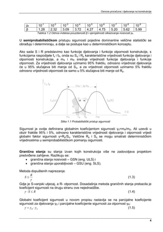 Osnove proračuna i djelovanja na konstrukcije




     pf       10-1       10-2      10-3      10-4       10-5       10-6         10-7   10-8         10-9
     β        1.28       2.32      3.09      3.72       4.27       4.75         5.20   5.62         5.99
              Tablica 1.2 Odnos indeksa pouzdanosti β i vjerojatnosti otkazivanja nosivosti pf.

U semiprobabilističkom pristupu sigurnosti pojedine dominantne veličine statistički se
obrađuju i determiniraju, a dalje se postupa kao u determinističkom konceptu.

Ako sada S i R predstavimo kao funkcije djelovanja i funkcije otpornosti konstrukcije, s
funkcijama raspodijele fs i fR, onda su Sq i Rp karakteristične vrijednosti funkcije djelovanja i
otpornosti konstrukcije, a mS i mR srednje vrijednosti funkcije djelovanja i funkcije
otpornosti. Za vrijednosti djelovanja uzimamo 95% fraktilu, odnosno vrijednost djelovanja
će u 95% slučajeva biti manja od Sq, a za vrijednost otpornosti uzimamo 5% fraktilu
odnosno vrijednosti otpornosti će samo u 5% slučajeva biti manje od Rp.




                                 Slika 1.1 Probabilistički pristup sigurnosti

Sigurnost je ovdje definirana globalnim koeficijentom sigurnosti γ0=mR/mS. Ali uzevši u
obzir fraktile 95% i 5%, odnosno karakteristične vrijednosti djelovanja i otpornosti vrijedi
globalni faktor sigurnosti γ=Rp/Sq. Veličine Rp i Sq se mogu smatrati determinističkim
vrijednostima u semiprobabilističkom poimanju sigurnosti.


Granična stanja su stanja izvan kojih konstrukcija više ne zadovoljava projektom
predviđene zahtjeve. Razlikuju se:
    • granična stanja nosivosti – GSN (eng. ULS) i
    • granična stanja uporabljivosti – GSU (eng. SLS).

Metoda dopuštenih naprezanja:
      R
   S≤                                                                                       (1.3)
          γ
Gdje je S-vanjski utjecaj, a R- otpornost. Dosadašnja metoda graničnih stanja prebacila je
koeficijent sigurnosti na drugu stranu ove nejednadžbe.
   γ ⋅S ≤ R                                                               (1.4)

Globalni koeficijent sigurnosti u novom propisu rastavlja se na parcijalne koeficijente
sigurnosti za djelovanja γS i parcijalne koeficijente sigurnosti za otpornost γR:
   γ = γ R ⋅γ S                                                                (1.5)


                                                                                                               4
 