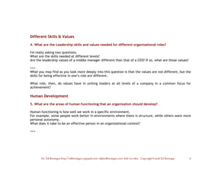 Different Skills & Values

4. What are the Leadership skills and values needed for different organizational roles?

I'm really asking two questions.
What are the skills needed at different levels?
Are the leadership values of a middle manager different than that of a CEO? If so, what are those values?

+++
What you may find as you look more deeply into this question is that the values are not different, but the
skills for being effective in one’s role are different.

What role, then, do values have in uniting leaders at all levels of a company in a common focus for
achievement?

Human Development

5. What are the areas of human functioning that an organization should develop?

Human functioning is how well we work in a specific environment.
For example, some people work better in environments where there is structure, while others want more
personal autonomy.
What does it take to be an effective person in an organizational context?

+++




       Dr. Ed Brenegar http://edbrenegar.typepad.com ed@edbrenegar.com 828/275-1803 Copyright©2008 Ed Brenegar   6
 