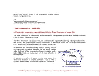 Are the most talented people in your organization the best leaders?
Explain your perspective.

+++
Where do you find talented people?
Are talented people more similar or different?


Three Dimensions of Leadership

8. What are the Leadership responsibilities within the Three Dimensions of Leadership?

The Three Dimensions of Leadership is a perspective that I've developed within a larger scheme called The
Circle of Impact. See diagram below.

The Three Dimensions are not separate, but are interrelated aspects of leadership and organizational life.
Most leaders and organizations treat each dimension as a separate entity. The on-the-ground reality in
every organization is that all three are in constant interaction.

For example, the idea of leadership impacts not only how the
structure of the business is designed, but also who is thought
to be the leader of the organization. In some cases the leader
is the CEO, in others, that person who is most effective in
creating impact.

My question, therefore, is about how to bring these three
dimensions together in simple, coherent ways so that a
business' leadership has the greatest opportunity for impact.




       Dr. Ed Brenegar http://edbrenegar.typepad.com ed@edbrenegar.com 828/275-1803 Copyright©2008 Ed Brenegar   8
 