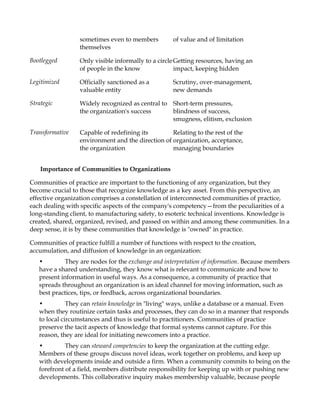sometimes even to members         of value and of limitation
                  themselves

Bootlegged        Only visible informally to a circle Getting resources, having an
                  of people in the know               impact, keeping hidden

Legitimized       Officially sanctioned as a        Scrutiny, over-management,
                  valuable entity                   new demands

Strategic         Widely recognized as central to Short-term pressures,
                  the organization's success      blindness of success,
                                                  smugness, elitism, exclusion

Transformative    Capable of redefining its        Relating to the rest of the
                  environment and the direction of organization, acceptance,
                  the organization                 managing boundaries


    Importance of Communities to Organizations

Communities of practice are important to the functioning of any organization, but they
become crucial to those that recognize knowledge as a key asset. From this perspective, an
effective organization comprises a constellation of interconnected communities of practice,
each dealing with specific aspects of the company's competency—from the peculiarities of a
long-standing client, to manufacturing safety, to esoteric technical inventions. Knowledge is
created, shared, organized, revised, and passed on within and among these communities. In a
deep sense, it is by these communities that knowledge is "owned" in practice.

Communities of practice fulfill a number of functions with respect to the creation,
accumulation, and diffusion of knowledge in an organization:
   •        They are nodes for the exchange and interpretation of information. Because members
   have a shared understanding, they know what is relevant to communicate and how to
   present information in useful ways. As a consequence, a community of practice that
   spreads throughout an organization is an ideal channel for moving information, such as
   best practices, tips, or feedback, across organizational boundaries.
   •          They can retain knowledge in "living" ways, unlike a database or a manual. Even
   when they routinize certain tasks and processes, they can do so in a manner that responds
   to local circumstances and thus is useful to practitioners. Communities of practice
   preserve the tacit aspects of knowledge that formal systems cannot capture. For this
   reason, they are ideal for initiating newcomers into a practice.
   •         They can steward competencies to keep the organization at the cutting edge.
   Members of these groups discuss novel ideas, work together on problems, and keep up
   with developments inside and outside a firm. When a community commits to being on the
   forefront of a field, members distribute responsibility for keeping up with or pushing new
   developments. This collaborative inquiry makes membership valuable, because people
 