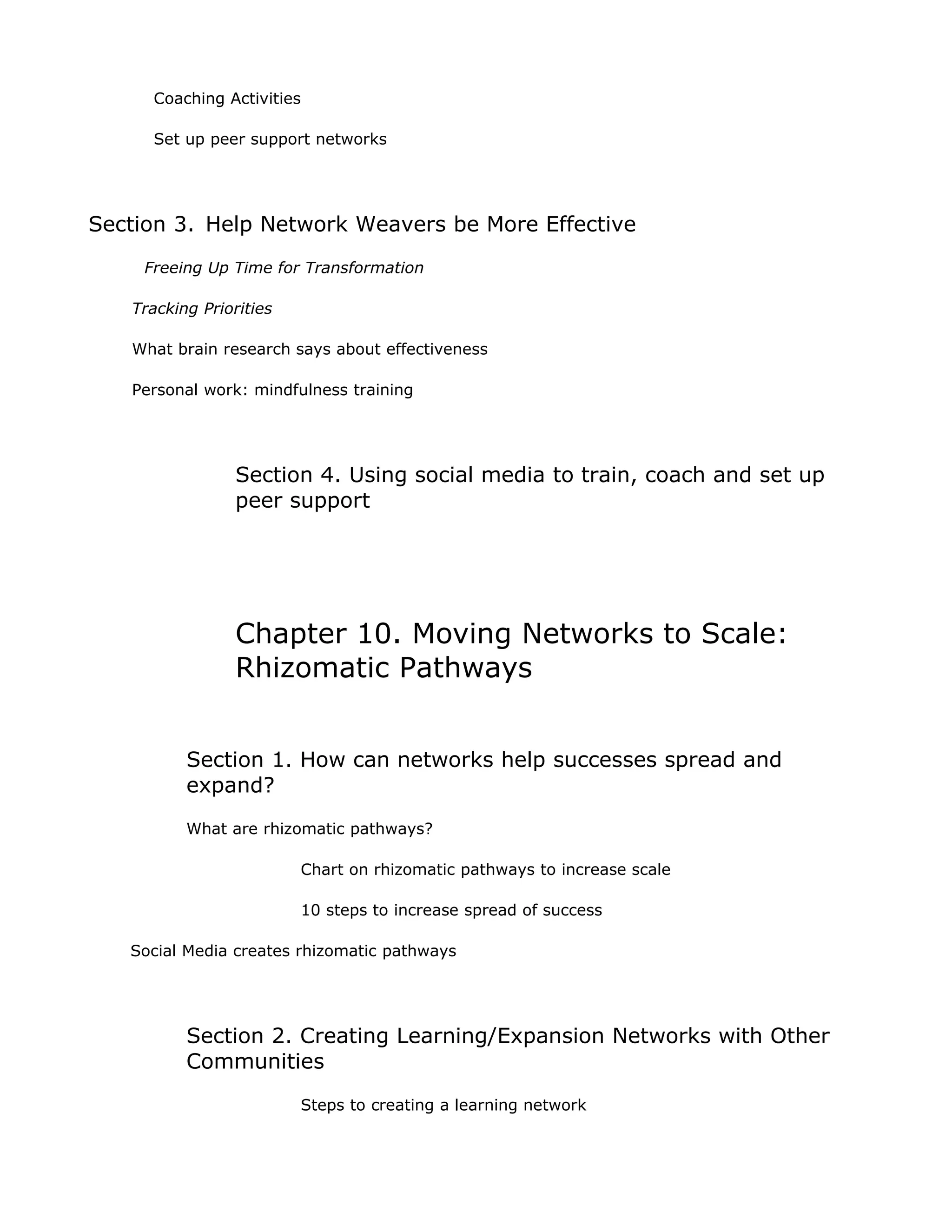 Coaching Activities

      Set up peer support networks




Section 3. Help Network Weavers be More Effective
     Freeing Up Time for Transformation

   Tracking Priorities

   What brain research says about effectiveness

   Personal work: mindfulness training




                 Section 4. Using social media to train, coach and set up
                 peer support




                 Chapter 10. Moving Networks to Scale:
                 Rhizomatic Pathways


          Section 1. How can networks help successes spread and
          expand?
          What are rhizomatic pathways?

                         Chart on rhizomatic pathways to increase scale

                         10 steps to increase spread of success

   Social Media creates rhizomatic pathways




          Section 2. Creating Learning/Expansion Networks with Other
          Communities
                         Steps to creating a learning network
 