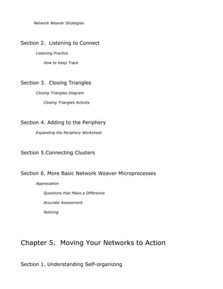 Network Weaver Strategies




Section 2. Listening to Connect
      Listening Practice

          How to Keep Track




Section 3. Closing Triangles
      Closing Triangles Diagram

          Closing Triangles Activity




Section 4. Adding to the Periphery
      Expanding the Periphery Worksheet




Section 5.Connecting Clusters



Section 6. More Basic Network Weaver Microprocesses
      Appreciation

          Questions that Make a Difference

          Accurate Assessment

          Noticing




Chapter 5. Moving Your Networks to Action


Section 1. Understanding Self-organizing
 