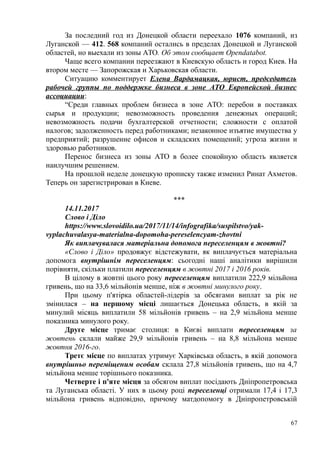 За последний год из Донецкой области переехало 1076 компаний, из
Луганской — 412. 568 компаний остались в пределах Донецкой и Луганской
областей, но выехали из зоны АТО. Об этом сообщает Opendatabot.
Чаще всего компании переезжают в Киевскую область и город Киев. На
втором месте — Запорожская и Харьковская области.
Ситуацию комментирует Елена Вардамацкая, юрист, председатель
рабочей группы по поддержке бизнеса в зоне АТО Европейской бизнес
ассоциации:
“Среди главных проблем бизнеса в зоне АТО: перебои в поставках
сырья и продукции; невозможность проведения денежных операций;
невозможность подачи бухгалтерской отчетности; сложности с оплатой
налогов; задолженность перед работниками; незаконное изъятие имущества у
предприятий; разрушение офисов и складских помещений; угроза жизни и
здоровью работников.
Перенос бизнеса из зоны АТО в более спокойную область является
наилучшим решением.
На прошлой неделе донецкую прописку также изменил Ринат Ахметов.
Теперь он зарегистрирован в Киеве.
***
14.11.2017
Слово і Діло
https://www.slovoidilo.ua/2017/11/14/infografika/suspilstvo/yak-
vyplachuvalasya-materialna-dopomoha-pereselencyam-zhovtni
Як виплачувалася матеріальна допомога переселенцям в жовтні?
«Слово і Діло» продовжує відстежувати, як виплачується матеріальна
допомога внутрішнім переселенцям: сьогодні наші аналітики вирішили
порівняти, скільки платили переселенцям в жовтні 2017 і 2016 років.
В цілому в жовтні цього року переселенцям виплатили 222,9 мільйона
гривень, що на 33,6 мільйонів менше, ніж в жовтні минулого року.
При цьому п'ятірка областей-лідерів за обсягами виплат за рік не
змінилася – на першому місці лишається Донецька область, в якій за
минулий місяць виплатили 58 мільйонів гривень – на 2,9 мільйона менше
показника минулого року.
Друге місце тримає столиця: в Києві виплати переселенцям за
жовтень склали майже 29,9 мільйонів гривень – на 8,8 мільйона менше
жовтня 2016-го.
Третє місце по виплатах утримує Харківська область, в якій допомога
внутрішньо переміщеним особам склала 27,8 мільйонів гривень, що на 4,7
мільйона менше торішнього показника.
Четверте і п'яте місця за обсягом виплат посідають Дніпропетровська
та Луганська області. У них в цьому році переселенці отримали 17,4 і 17,3
мільйона гривень відповідно, причому матдопомогу в Дніпропетровській
67
 