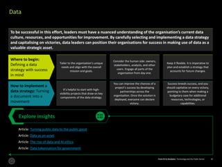 From AI to Analytics: Technology and the Public Sector 10From AI to Analytics: Technology and the Public Sector 10
Explore insights
Article: Turning public data to the public good
Article: Data as an asset
Article: The rise of data and AI ethics
Article: Data tokenisation for government
To be successful in this effort, leaders must have a nuanced understanding of the organisation’s current data
culture, resources, and opportunities for improvement. By carefully selecting and implementing a data strategy
and capitalising on victories, data leaders can position their organisations for success in making use of data as a
valuable strategic asset.
Where to begin:
Defining a data
strategy with success
in mind
How to implement a
data strategy: Turning
a document into a
movement
Tailor to the organisation’s unique
needs and align with the overall
mission and goals.
Consider the human side: owners,
stakeholders, analysts, and other
users. Engage all parts of the
organisation from day one.
Keep it flexible. It is imperative to
plan and establish a strategy that
accounts for future changes.
It’s helpful to start with high-
visibility projects that draw on key
components of the data strategy.
You can improve the chances of a
project’s success by developing
partnerships across the
organisation. Once the solution is
deployed, everyone can declare
victory.
Success breeds success, and you
should capitalise on every victory,
pointing to them when making a
budgetary case for additional
resources, technologies, or
capabilities.
Data
 