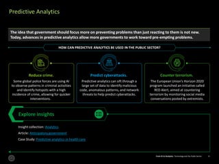 From AI to Analytics: Technology and the Public Sector 11From AI to Analytics: Technology and the Public Sector 11
Predictive Analytics
Explore insights
Insight collection: Analytics
Article: Anticipatory government
Case Study: Predictive analytics in health care
​The idea that government should focus more on preventing problems than just reacting to them is not new.
Today, advances in predictive analytics allow more governments to work toward pre-empting problems.
HOW CAN PREDICTIVE ANALYTICS BE USED IN THE PUBLIC SECTOR?
Reduce crime.
Some global police forces are using AI
to observe patterns in criminal activities
and identify hotspots with a high
incidence of crime, allowing for quicker
interventions.
Predict cyberattacks.
Predictive analytics can sift through a
large set of data to identify malicious
code, anomalous patterns, and network
threats to help predict cyberattacks.
Counter terrorism.
The European Union’s Horizon 2020
program launched an initiative called
RED Alert, aimed at countering
terrorism by monitoring social media
conversations posted by extremists.
 