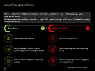 From AI to Analytics: Technology and the Public Sector 3From AI to Analytics: Technology and the Public Sector 3
Robot Process Automation
RPA is a software tool that can replicate and automate transactional processes while improving process
accuracy and speed.
It enables organisations to free up capacity to tackle their tactical priorities, which is why it is a key technology
for the public sector.
Robots are
Computer coded software
Programmes that replace humans
performing repetitive rules-based tasks
Cross-functional and cross-application
macros
Robots are not
Walking, talking auto-bots
Physically existing machines processing
papers
Artificial intelligence or voice recognition
and reply software
 