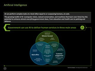 From AI to Analytics: Technology and the Public Sector 5From AI to Analytics: Technology and the Public Sector 5
Artificial Intelligence
AI can perform complex tasks at a level often equal to or surpassing humans, at scale.
The growing toolkit of AI (computer vision, natural conversation, and machines that learn over time) has the
potential to enhance almost everything government does, from education and health care to policing and
defence.
Government can use AI to deliver human services in three main areas
Predicting fraud
and abuse
Back-office
Customer
engagement
Mission-focused
Automating
determination of
eligibility
Inspection and
enforcement
Setting up
outcome-based
programs
Disease
surveillance
Addressing
queries of
caseworkers
Personalising
service delivery
through machine
learning
Real-time language
translation
Addressing
queries by
chatbot
Auto-filling
application forms
Integrating multiple
programs
Scheduling
appointments
Automating
verification
Automating
documentation and
reporting
 