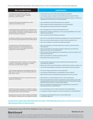 Copyright © 2015. Blackboard Inc. All rights reserved. Blackboard, the Blackboard logo, BbWorld, Blackboard Learn, Blackboard Transact, Blackboard Connect, Blackboard Mobile, Blackboard Collaborate,
BlackboardAnalytics, Blackboard Engage, Edline, the Edline logo, the Blackboard Outcomes System, Behind the Blackboard, and Connect-ED are trademarks or registered trademarks of Blackboard Inc. or its
subsidiaries in the United States and/or other countries. Blackboard products and services may be covered by one or more of the following U.S. Patents: 8,265,968, 7,493,396; 7,558,853; 6,816,878; 8,150,925
650 Massachusetts Avenue, NW 6th Floor Washington, DC 20001 | 1.800.424.9299
Blackboard.com
Learn more about how Blackboard can help. Visit blackboard.com or reach out to your
Blackboard Sales Professional.
Key considerations Implications
A foundational guide defining CBE at the
institution, it’s purposes, goals, strategies,
governance, and key metrics
•	 Is governance process for CBE clearly defined and assigned?
•	 Are strategies, goals, and metrics clearly defined and articulated? Where?
•	 Who owns the initiative and do they have the positional authority to effectively
engage the functional units across the institution?
A rigorous CBE program identification, market
research and selection process
•	 Are we building the right CBE program for our students?
•	 Which market trends are driving growth in our CBE programs?
•	 What population segments should we be targeting?
An operational plan to guide the successful launch of
a CBE initiative including technology readiness, roles,
responsibilities, milestones and risk mitigation across
functions within the institution.
•	 Has technology been assessed and determined ready?
•	 Have (faculty, designer, leadership, IT) roles and responsibilities been clearly
defined and articulated?
•	 Does everyone know the milestones and dates?
An effective marketing and recruitment plan to attract
and enroll the target populations for the CBE program
•	 How will we create effective marketing campaigns for our new CBE programs?
•	 How can we drive brand awareness to reduce student acquisition cost
•	 How can we optimize our media and marketing strategy?
A comprehensive and detailed statement of
program competencies and subcompetencies,
measurement rubrics, and alignment between
competencies and assessments
•	 How can we develop a curricular model that is useful for initial and future
CBE programs?
•	 Who is responsible for researching, defining, organizing, and stating the
program and course level competencies?
•	 Who is responsible for aligning each subcompetency with each formative and
summative assessment?
•	 Who is responsible for creating assessment rubrics?
•	 What skills do they need to succeed?
A comprehensive plan for student success including
academic, technological, advisement, coaching/
mentoring, and CBE-specific support
•	 Are the student support tasks and associated roles clearly defined and
articulated and assigned?
•	 Which roles will be part of the program: coaches/mentor, advisors, graders, etc.
•	 Are the task responsibilities and impacts well understood by the providers?
Course design requirements-and-definitions plan for
CBE courses to maintain consistent high quality and
high impact courses
•	 Are course design requirements clearly understood?
•	 Are design and implementation responsibilities clearly assigned?
•	 What is the process for evaluating and improving the course over time?
Course development services to produce the courses
needed for CBE delivery
•	 Who provides course development services, and to what extent?
•	 Who will provide initial uploads of competencies within platform; physically
map goals and goal sets to courses; keep historical data of reporting on goals;
provide technical assistance on goals edits ongoing.
•	 Who is responsible for mapping goals and competencies to courses and
providing assistance moving forward?
A dedicated program manager to coordinate complex
tasks and projects needed in order to ensure readiness
of the entire system on the date desired
•	 Are course design services in place and known to all stakeholders?
•	 Is a program manager assigned to the project and known to all stakeholders?
Manage process, provide content, editing, and briefing
for substantive change process with regional accreditor
•	 If necessary, who will lead the process toward approval by
accreditation agencies?
If you are thinking about launching a CBE program, here are some critical questions to structure your approach.
 