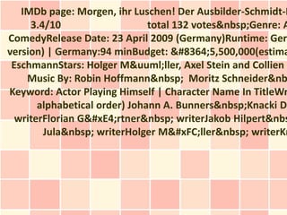 IMDb page: Morgen, ihr Luschen! Der Ausbilder-Schmidt-F
     3.4/10                    total 132 votes&nbsp;Genre: A
ComedyRelease Date: 23 April 2009 (Germany)Runtime: Germ
version) | Germany:94 minBudget: &#8364;5,500,000(estima
 EschmannStars: Holger M&uuml;ller, Axel Stein and Collien F
    Music By: Robin Hoffmann&nbsp; Moritz Schneider&nb
Keyword: Actor Playing Himself | Character Name In TitleWr
       alphabetical order) Johann A. Bunners&nbsp;Knacki De
  writerFlorian G&#xE4;rtner&nbsp; writerJakob Hilpert&nbs
        Jula&nbsp; writerHolger M&#xFC;ller&nbsp; writerKn
 