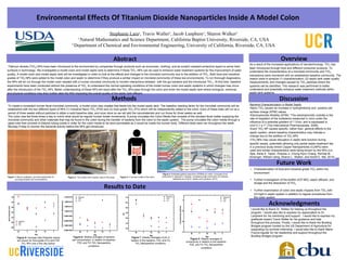 Stephanie Lara1
, Travis Waller2
, Jacob Lanphere1
, Sharon Walker2
1
Natural Mathematics and Science Department, California Baptist University, Riverside, CA, USA
2
Department of Chemical and Environmental Engineering, University of California, Riverside, CA, USA
Abstract
Methods Discussion
Titanium dioxide (TiO2) NPs have been introduced to the environment by companies through products such as sunscreen, clothing, and as scratch resistant protective layers to some hard
surfaces in technology. We investigated a model colon and model septic tank to determine if these TiO2 NPs can be used to enhance water treatment systems for the improvement of water
quality. A model colon and model septic tank will be investigated in order to look at the effects and changes to the microbial community due to the addition of TiO2. Both food and industrial
grades of TiO2 NPs were added to the model colon and septic to determine if they produce a similar impact on microbial community of these two environments. To run thorough diagnostics,
the NPs will be run through the model colon seeded with a human microbial community to monitor interactions between with the gut bacteria and the introduced TiO2 . At this time, baseline
experiments have been conducted without the presence of TiO2 to understand the normal operating conditions of the model human colon and septic systems in which changes may occur
after the introduction of the TiO2 NPs. Better understanding of these NPs will result after the TiO2 NPs pass through the colon and enter the model septic tank where biological, chemical,
and physical conditions may then further alter the NPs impacting the overall quality of the septic tank effluent.
Overview
Future Work
Acknowledgments
• Characterization of food and industrial grade TiO2 within the
environment
• Further investigation of the biofilm (ICP-MS), septic effluent, and
sludge and the dissolution of TiO2
• Further examination of colon and septic impacts from TiO2 with
UV-light in septic system in addition to regular procedures from
the colon system
I would like to thank Dr. Walker for helping us throughout the
program. I would also like to express my appreciation to Dr.
Lanphere for his mentoring and support. I would like to express my
grattitude toward Travis Waller for his guidance and help
throughout this process. Finally, I would like to thank the Building
Bridges program funded by the US Department of Agriculture for
supporting my summer internship. I would also like to thank Maria
Franco-Aguilar for her leadership and support throughout the
Building Bridges program.
M T W Th F
0.00E+000
3.00E+009
6.00E+009
9.00E+009
1.20E+010
1.50E+010
1.80E+010
2.10E+010 Baseline
P25
FG
CellConcentration(Bacteria/mL)
Day
Figure 6: Weekly averages of bacteria
cell concentration in relation to baseline,
P25, and FG TiO2 Nanoparticle
conditions.
M T W Th F
4.0
4.5
5.0
5.5
6.0
6.5
7.0 Baseline
P25
FG
pH
Day
Figure 7: Weekly averages of pH in
relation to the baseline, P25, and FG
TiO2 Nanoparticle conditions.
M T W Th F
-28
-26
-24
-22
-20
-18
-16
Baseline
P25
FG
ZetaPotential(mV)
Day
Figure 5: Average Zeta Potential values
are shown for food grade (FG) and P25
TiO2 NPs over a five day period.
Environmental Effects Of Titanium Dioxide Nanoparticles Inside A Model Colon
M T W Th F
4
5
6
7
Baseline
P25
FG
Conductivity(mS/cm)
Day
Figure 8: Weekly averages of
conductivity in relation to the baseline,
P25, and FG TiO2 Nanoparticle
conditions
As a result of the increased applications of nanotechnology, TiO2 has
been introduced through food and different consumer products. To
understand the characteristics of a microbial community and TiO2,
interactions were monitored with an established baseline community. The
reason were to analyze (1) characterization; (2) septic tank water quality
measurements; and changes caused by TiO2 particles where the
systems will be identified. This research was performed to better
understand and potentially enhance water treatment methods within
septic tank systems.
Results to Date
To create a consistent human fecal microbial community, a model colon was created that feeds into the model septic tank. The baseline reacting factor for the microbial community will be
established with the two different types of NPs (1) industrial Nano TiO2 (P25) and (2) food grade TiO2 (FG) which will be independently added to the colon. Each of these trials will run at a
period of three weeks without particles to attain a solid baseline data, and once done so we will add the nanomaterials and run those for three weeks as well.
The colon was fed three times a day to mimic what would be regular human bowel movements. A pump circulates the Colon Media that consists of the donated fecal matter supplying the
microbial community and other materials that may be found in the colon during the transfer of bacteria from the colon to the septic system. The pump circulates the colon media through a
glass tube that consists of dialysis tubing inside in order for the colon media to be semi-permeable as it would be inside the human body. Different tests were ran throughout the week,
Monday-Friday to monitor the bacterial activity before the NPs get introduced.
Bacteria Characterization in Model Septic
•Nano TiO2 causes an increase in hydrophobicity and positive cell
surface charge (EPM) values.
•Electrophoretic Mobility (EPM): "The electrophoretic mobility is the
rate of migration of the substance measured in cm/s under the
influence of a potential gradient of 1 V/cm, and is expressed in
cm2·V-1·s-1" (The International Pharmacopoeia. 2006).
•Each TiO2 NP causes specific, rather than general effects to the
septic system, where baseline characteristics may indicate a
change due to the addition of TiO2 NPs
•TiO2 NPs may cause disruption in septic tank function during
specific weeks, potentially allowing only partial waste treatment like
in a previous study where Copper Nanoparticles (CuNPs) were
used and similar characteristics were being shown by the NPs (Lin,
Sijie, Alicia A. Taylor, Zhaoxia Ji, Chong Hyun Chang, Nichola M.
Kinsinger, William Ueng, Sharon L. Walker, and André E. Nel, 2015)
Figure 4: Estimated global mass flow of ENMs (in metric tons/year) from
production to disposal or release, considering high production and release
estimates as of 2010. (Keller and Lazareva, 2013)
Figure 1: Micron (software) and hemocytometer for
counting bacteria cell concentrations
Figure 2: The model colon reactor used in this study Figure 3: A human model of the colon
 