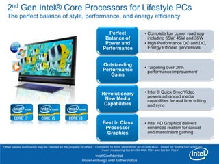 2nd Gen Intel® Core Processors for Lifestyle PCs
   The perfect balance of style, performance, and energy efficiency

                                                                        Perfect                    • Complete low power roadmap
                                                                       Balance of                    including 65W, 45W and 35W
                                                                       Power and                   • High Performance QC and DC,
                                                                      Performance                    Energy Efficient processors



                                                                      Outstanding
                                                                                                   • Targeting over 30%
                                                                      Performance                    performance improvement1
                                                                         Gains


                                                                     Revolutionary                 • Intel ® Quick Sync Video
                                                                                                     powers advanced media
                                                                      New Media                      capabilities for real time editing
                                                                      Capabilities                   and sync



                                                                      Best in Class                • Intel HD Graphics delivers
                                                                       Processor                     enhanced realism for casual
                                                                       Graphics                      and mainstream gaming


        Revision - 01
*Other names and brands may be claimed as the property of others. 1 Compared to prior generation All-in-one skus. Based on SysMark07 and Geo
                                                                     mean measuring top bin SV BGA MS3 and top bin PULV

                                                              Intel Confidential
                                                       Under embargo until further notice
 