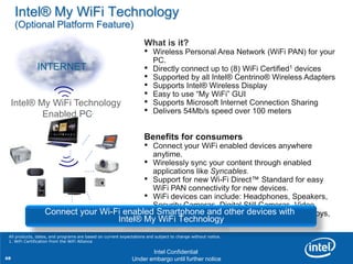 Intel® My WiFi Technology
     (Optional Platform Feature)
                                                                    What is it?
                                                                    •   Wireless Personal Area Network (WiFi PAN) for your
                                                                        PC.
               INTERNET                                             •   Directly connect up to (8) WiFi Certified1 devices
                                                                    •   Supported by all Intel® Centrino® Wireless Adapters
                                                                    •   Supports Intel® Wireless Display
                                                                    •   Easy to use “My WiFi” GUI
     Intel® My WiFi Technology                                      •   Supports Microsoft Internet Connection Sharing
             Enabled PC                                             •   Delivers 54Mb/s speed over 100 meters


                                                                    Benefits for consumers
                                                                    •
                                            Connect your WiFi enabled devices anywhere
                                            anytime.
                                          • Wirelessly sync your content through enabled
                                            applications like Syncables.
                                          • Support for new Wi-Fi Direct™ Standard for easy
                                            WiFi PAN connectivity for new devices.
                                          • WiFi devices can include: Headphones, Speakers,
                                            Security Cameras, Digital Still Cameras, Video
                  Connect your Wi-Fi enabledCameras, Handsets,otherVoIP Phones, WiFi Toys,
                                             Smartphone and WiFi devices with
                                   Intel® My WiFi Technology
                                            Printers…
       Revision - 01
 All products, dates, and programs are based on current expectations and subject to change without notice.
 1. WiFi Certification from the WiFi Alliance

                                                                        Intel Confidential
68                                              Product Positioning – Not End-User Messaging
                                                        Under embargo until further notice
 