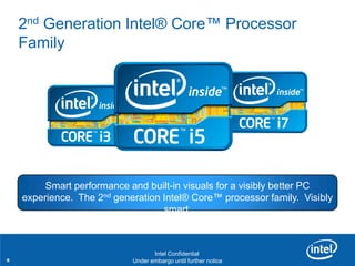 2nd Generation Intel® Core™ Processor
    Family




         Smart performance and built-in visuals for a visibly better PC
    experience. The 2nd generation Intel® Core™ processor family. Visibly
                                   smart.

    Revision - 01

                                     Intel Confidential
8                     Product Positioning – Not End-User Messaging
                              Under embargo until further notice
 