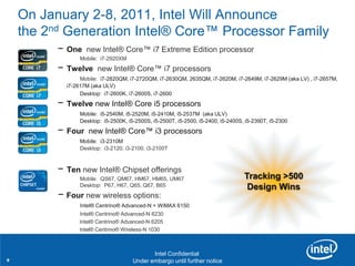 On January 2-8, 2011, Intel Will Announce
    the 2nd Generation Intel® Core™ Processor Family
              −   One new Intel® Core™ i7 Extreme Edition processor
                      Mobile: i7-2920XM
              −   Twelve new Intel® Core™ i7 processors
                       Mobile: i7-2820QM, i7-2720QM, i7-2630QM, 2635QM, i7-2620M, i7-2649M, i7-2629M (aka LV) , i7-2657M,
                  i7-2617M (aka ULV)
                       Desktop: i7-2600K, i7-2600S, i7-2600
              −   Twelve new Intel® Core i5 processors
                      Mobile: i5-2540M, i5-2520M, i5-2410M, i5-2537M (aka ULV)
                      Desktop: i5-2500K, i5-2500S, i5-2500T, i5-2500, i5-2400, i5-2400S, i5-2390T, i5-2300
              −   Four new Intel® Core™ i3 processors
                      Mobile: i3-2310M
                      Desktop: i3-2120, i3-2100, i3-2100T



              −   Ten new Intel® Chipset offerings
                      Mobile: QS67, QM67, HM67, HM65, UM67                              Tracking >500
                      Desktop: P67, H67, Q65, Q67, B65                                   Design Wins
              − Four new wireless options:
                      Intel® Centrino® Advanced-N + WiMAX 6150
                      Intel® Centrino® Advanced-N 6230
                      Intel® Centrino® Advanced-N 6205
                      Intel® Centrino® Wireless-N 1030
    Revision - 01

                                                    Intel Confidential
9                               Product Positioning – Not End-User Messaging
                                        Under embargo until further notice
 