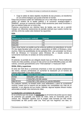 Curso Básico de montaje y/o reutilización de ordenadores


   •   Coge la salida de datos digitales resultante de ese proceso y la transforma
       en una señal analógica que pueda entender el monitor.
Estos dos procesos suelen ser realizados por uno o más chips: el microprocesador
gráfico (el cerebro de la tarjeta gráfica) y el conversor analógico-digital o
RAMDAC, aunque en ocasiones existen chips accesorios para otras funciones o
bien se realizan todas por un único chip.
Podemos encontrarnos con distintos tipos de tarjeta, que nos van a permitir
trabajar con diferentes resoluciones de pantalla (siempre que nuestro monitor las
admita), entre las cuales cabe destacar las siguientes:
EGA
 EGA
 Resolución (horizontal x vertical)       Colores
 320x200                                  16
 640x200                                  16
 640x350                                  16
Estas cifras hacían ya posible que los entornos gráficos se extendieran al mundo
PC (los Apple llevaban años con ello), y aparecieron el GEM, el Windows y otros
muchos. Sobre las posibilidades de las pantallas EGA, una curiosidad: los drivers
EGA de Windows 3.1 funcionan sobre Windows 95, y resulta curioso (y
sumamente incómodo, la verdad) ver dicha combinación...
VGA
El estándar, la pantalla de uso obligado desde hace ya 10 años. Tiene multitud de
modos de vídeo posibles, aunque el más común es el de 640x480 puntos con 256
colores, conocido generalmente como "VGA estándar" o "resolución VGA".
SVGA, XGA y superiores
El éxito del VGA llevó a numerosas empresas a crear sus propias ampliaciones
del mismo, siempre centrándose en aumentar la resolución y/o el número de
colores disponibles. Entre ellos estaban:
 Modo de vídeo        Máxima resolución y máximo número de colores
 SVGA                 800x600 y 256 colores
 XGA                  1024x768 y 65.536 colores
 IBM 8514/A           1024x768 y 256 colores (no admite 800x600)
De cualquier manera, la frontera entre unos estándares y otros es sumamente
confusa, puesto que la mayoría de las tarjetas son compatibles con más de un
estándar, o con algunos de sus modos. Además, algunas tarjetas ofrecen modos
adicionales al añadir más memoria de vídeo.

La resolución y el número de colores
En el contexto que nos ocupa, la resolución es el número de puntos que es capaz
de presentar por pantalla una tarjeta de vídeo, tanto en horizontal como en
vertical. Así, "800x600" significa que la imagen está formada por 600 rectas
horizontales de 800 puntos cada una. Para que nos hagamos una idea, un



Telecomunicaciones Solidarias TeSo                                                página 14
 