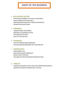 KEY SUCCESS FACTOR:
ACHIEVINGCUSTOMERS FAITH (VISA SUCCESSRATE)
HIGHLY IMPRESSIVECONSULTANCY
PROPERBUSINESS DEALSWITH FOREIGN UNIVERSITIES.
PROMOTION & ADVERTISING
 STRENGTH:
REQUIRED SMALL INVESTMENT.
REQUIRED LESS WORKINGCAPITAL.
HAVEOWN OFFICESPACE.
HAVETO TAKELOW RISK.
 WEAKNESS:
HAVENO PRIORBUSINESSEXPERIENCE.
HAVENO BUSINESSAGREEMENT WITH UNIVERSITIES
 OPPORTUNITY:
LARGE MARKET SIZE.
LONG TIME BUSINESSPROBABILITY.
HIGHEST RATE OFRETURN.
AVAILABLEOPTIONSFORBUSINESSDIVERCIFICATION.
 THREATS:
FINANCIALGODOWN CAUSE OF SELECTING IMPROPERUNIVERSITIES.
UNCERTAIN CHANGE IN FOREIGN GOVT. POLICIES.
SWOT OF THE BUSINESS
 