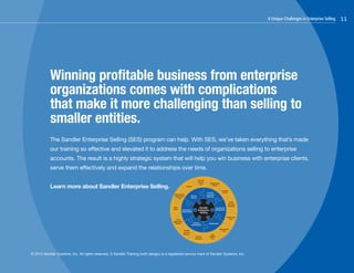 8 Unique Challenges in Enterprise Selling 11
Winning profitable business from enterprise
organizations comes with complications
that make it more challenging than selling to
smaller entities.
The Sandler Enterprise Selling (SES) program can help. With SES, we’ve taken everything that’s made
our training so effective and elevated it to address the needs of organizations selling to enterprise
accounts. The result is a highly strategic system that will help you win business with enterprise clients,
serve them effectively and expand the relationships over time.
Learn more about Sandler Enterprise Selling.
© 2015 Sandler Systems, Inc. All rights reserved. S Sandler Training (with design) is a registered service mark of Sandler Systems, Inc.
 