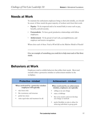 Challenges of First Line Leadership 3.0 Module 4 - Motivational Foundations
The Leadership Institute 17
Needs at Work
To maintain the enthusiasm employees bring to their jobs initially, you should
be aware of three needs the great majority of workers seek from their work:
• Equity: To be respected and to be treated fairly in areas such as pay,
benefits, and job security.
• Camaraderie: To have good, productive relationships with fellow
employees.
• Achievement: To be proud of one's job, accomplishments, and
employer and receive recognition
Where does each of these Needs at Work fall on the Maslow Model of Needs?
____________________________________________________________
Give an example of something you could do to help meet each of the three
needs.
____________________________________________________________
Behaviors at Work
Employees tend to exhibit behaviors that reflect their needs. Most tend
towards either a protective-mindset or achievement-mindset in the
workplace.
Protective- mindset Achievement- mindset
When motivated by a protective mindset
employees will typically:
• take fewer risks
• like consistency and structure
• prefer less stress
• value equal rules and treatment for all.
When motivated by an achievement
mindset, employees are typically:
• willing to try new things
• enjoy a challenge
• like to be creative and even develop
new things or methods
• prefer flexibility in rules to allow for
achieving individual or group goals.
 