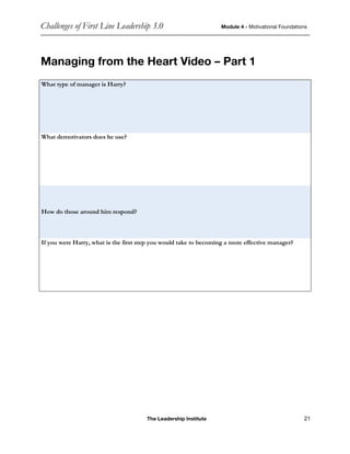 Challenges of First Line Leadership 3.0 Module 4 - Motivational Foundations
The Leadership Institute 21
Managing from the Heart Video – Part 1
What type of manager is Harry?
What demotivators does he use?
How do those around him respond?
If you were Harry, what is the first step you would take to becoming a more effective manager?
 